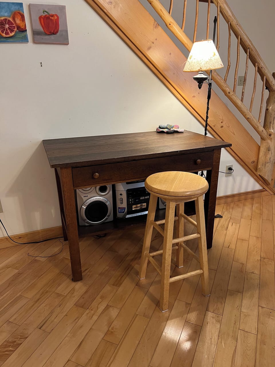 Puzzle table in the kitchen.  Stairs lead to the "new" upstairs addition.
