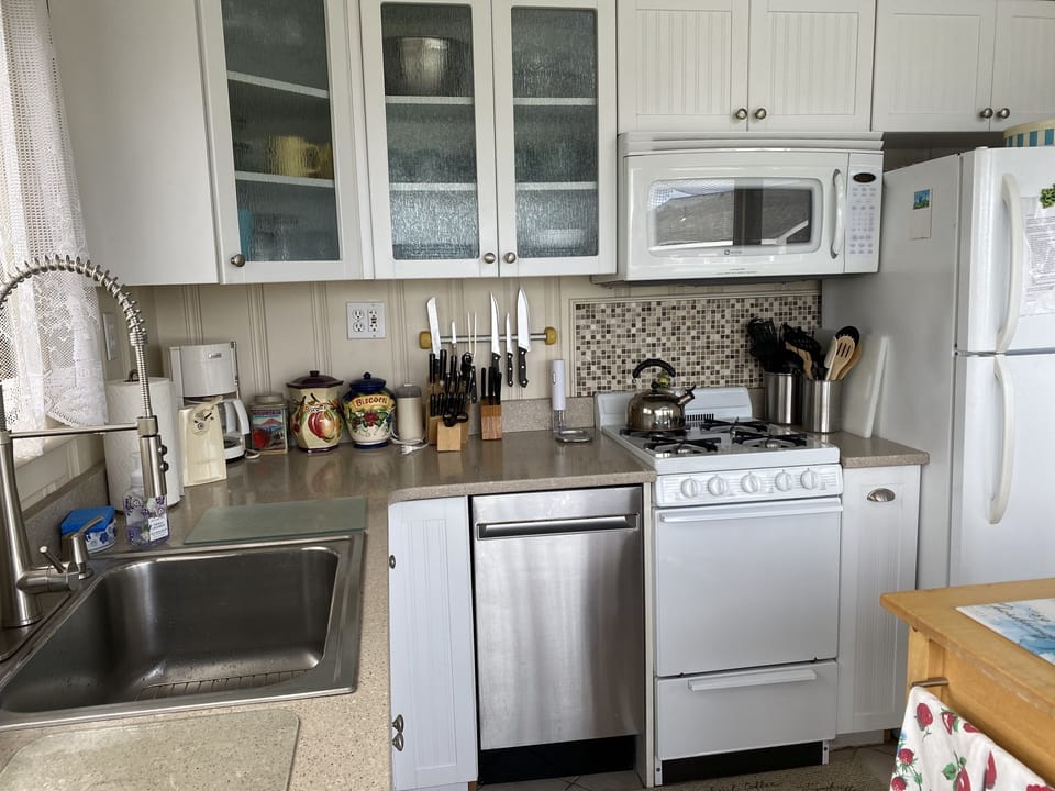 Quartz countertop, dishwasher, stove, microwave, and refrigerator
