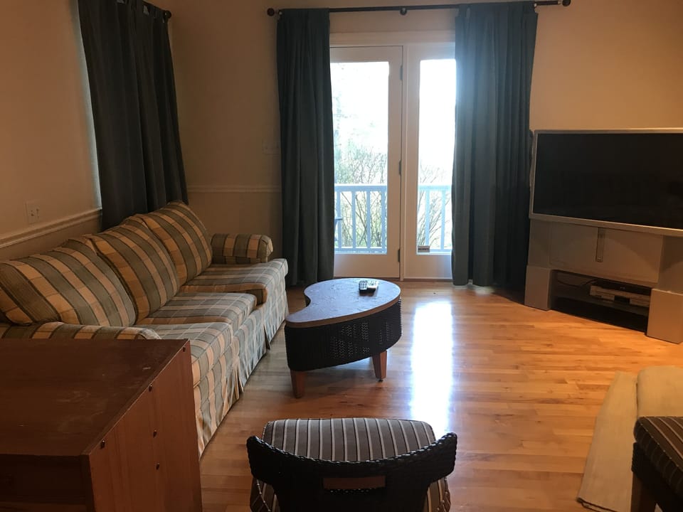 Seating area of first floor bedroom with twin beds, large television