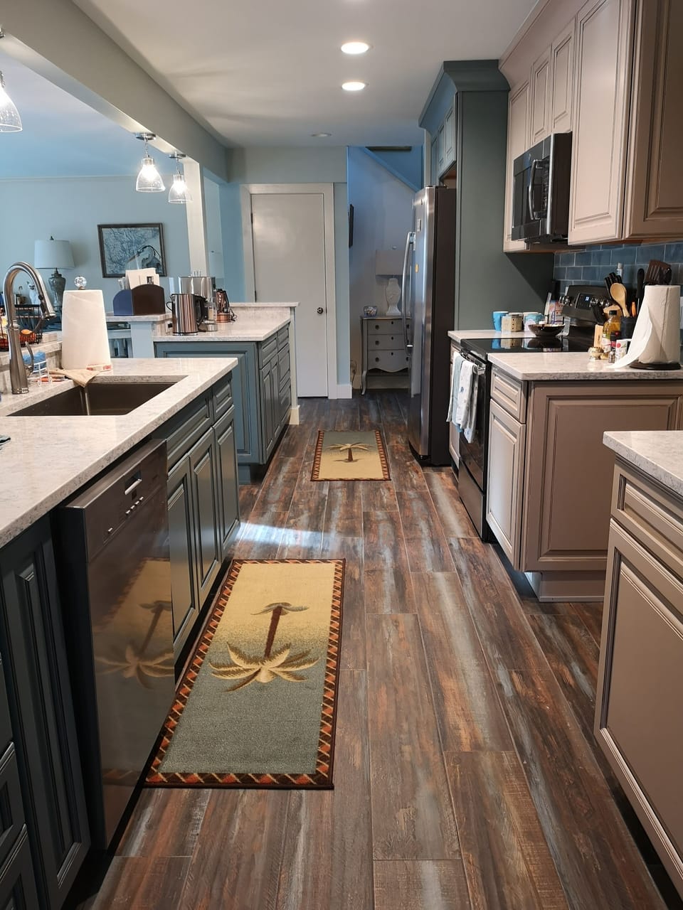 Brand new, stylish kitchen, hand crafted cabinets, Italian tile wood plank look