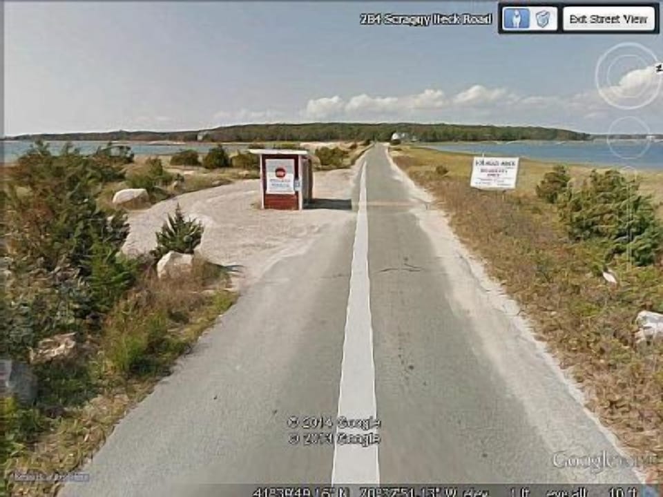 Causeway entrance to Scraggy Neck, private beaches and roads