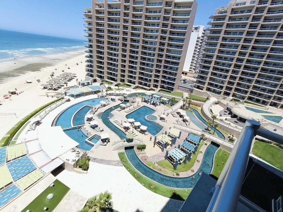 View of the pool area from the balcony.