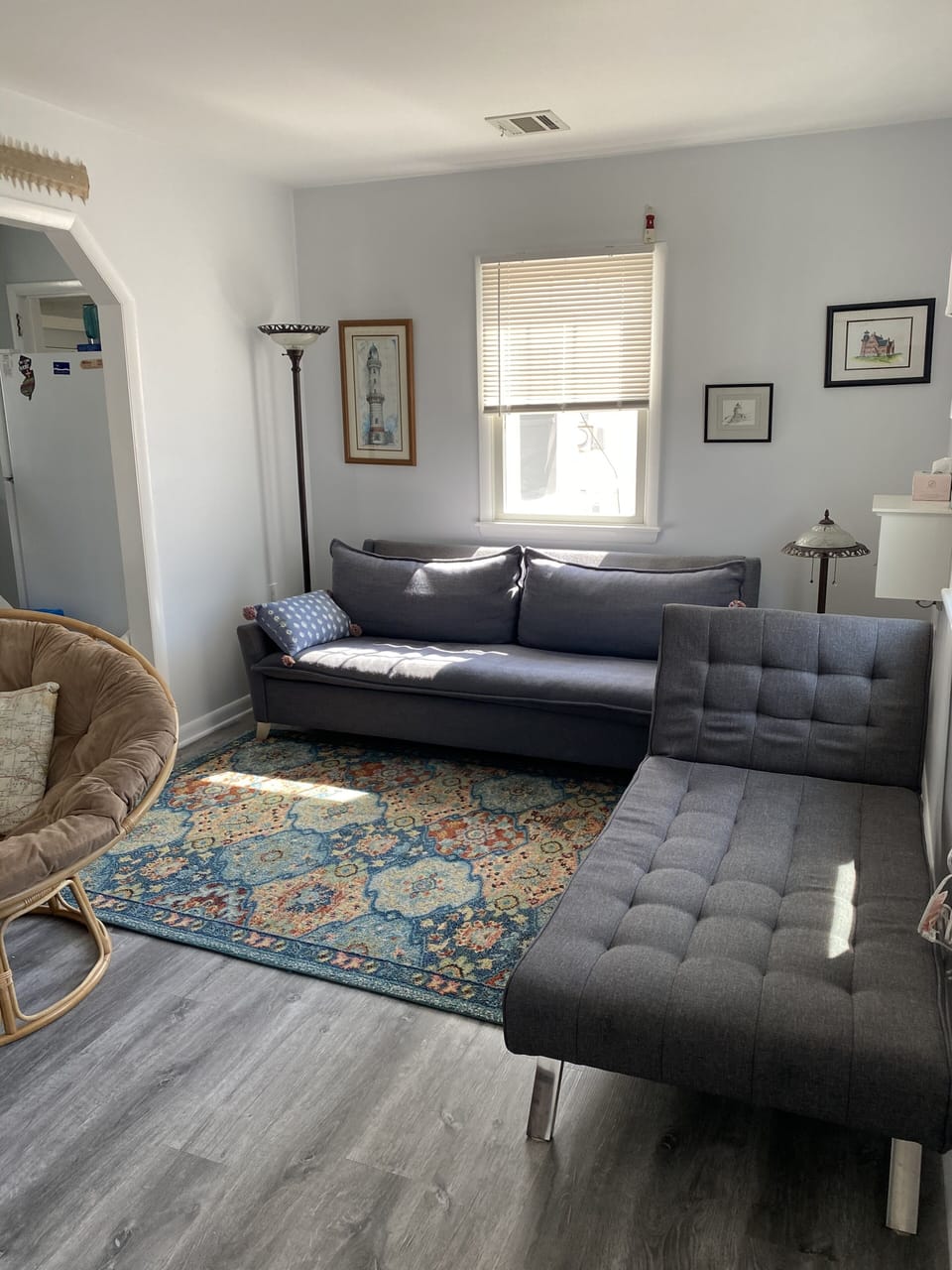 Updated living room new floors and furniture full size sleeper sofa