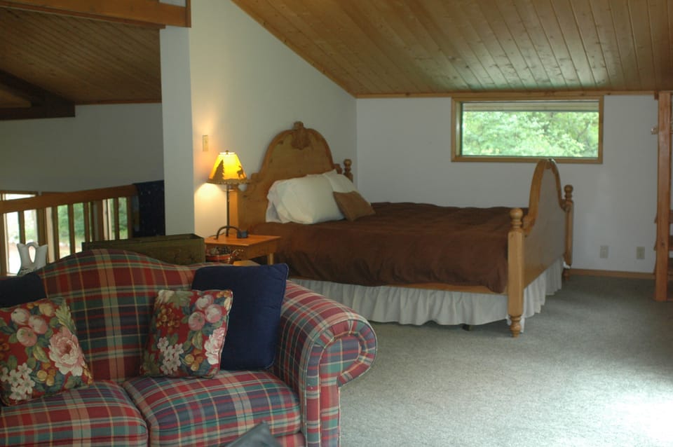 The loft has 2 couches a futon, tv , king bed and private deck. 