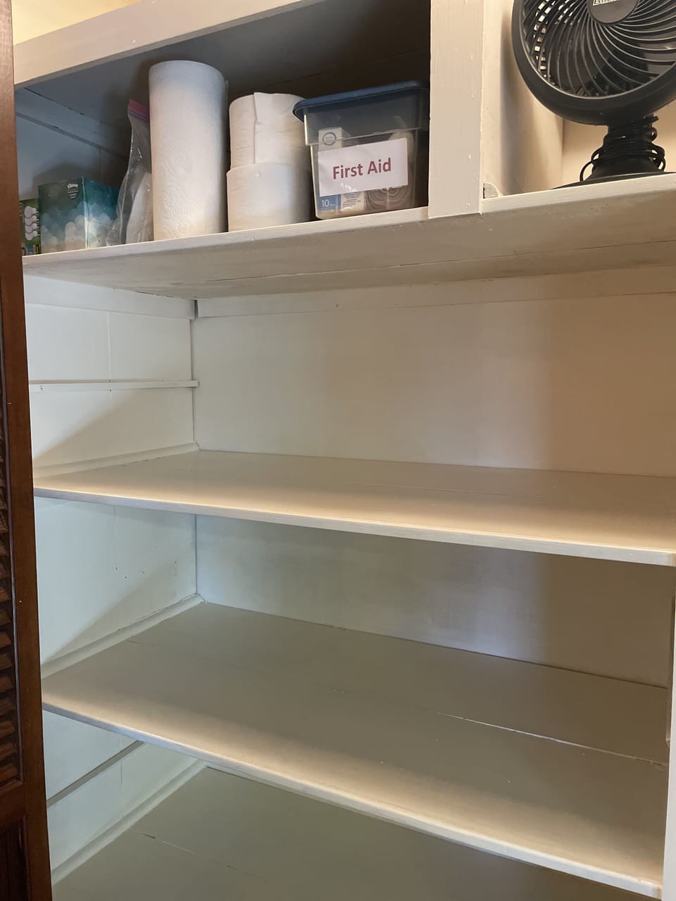 Ample storage, extra paper goods and First Aid supplies