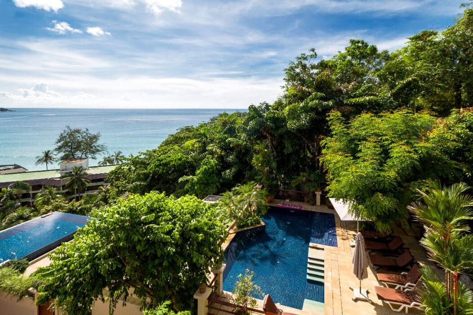 Views of the pool below our balcony. 