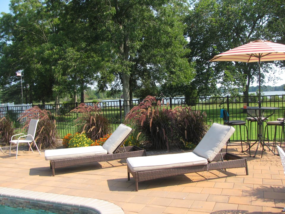 pool deck with water view