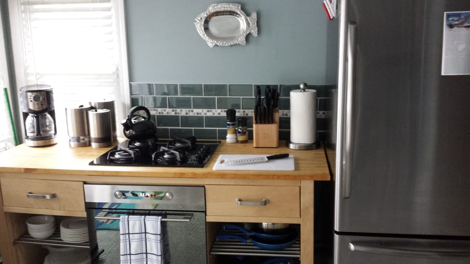 Gas stove w/stainless appliances and ice maker.
