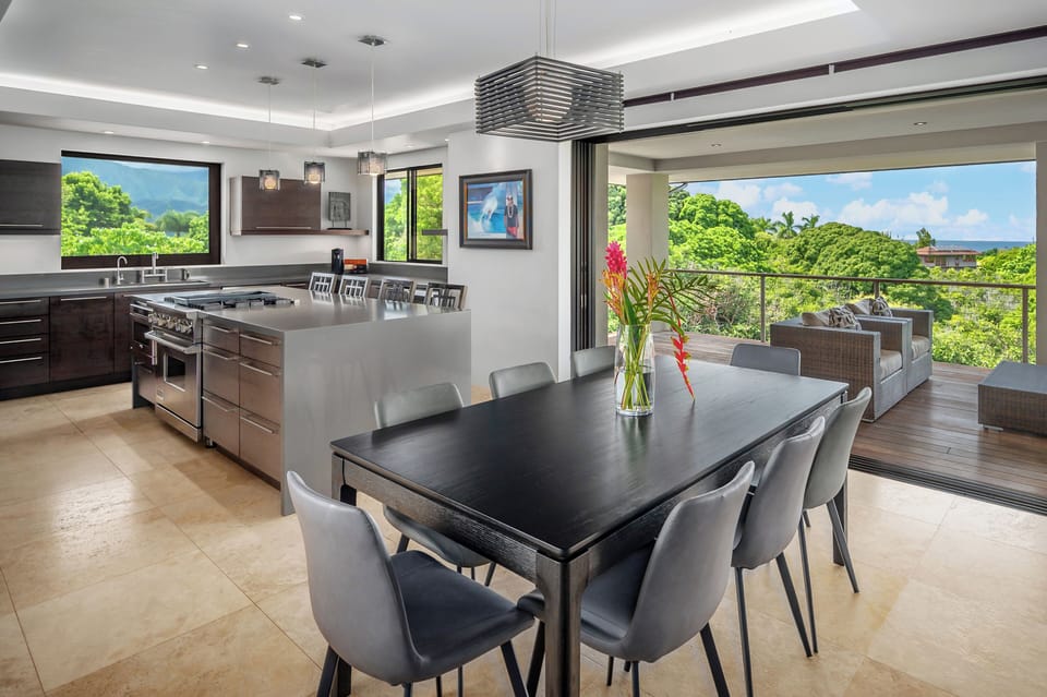 Elegant dining area with seating for 8 guests, ideal for gatherings and enjoying meals together.