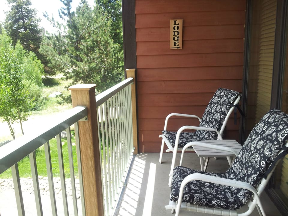 Sunny balcony looks toward town.