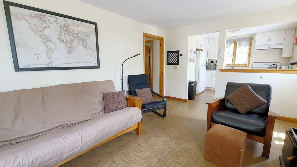 Living room has a futon and large flat screen TV