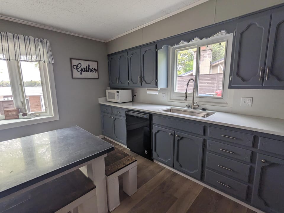Newly added quartz countertops and stainless sink.
