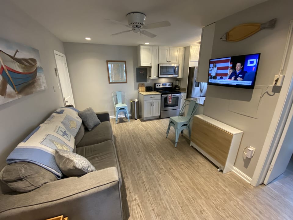 Living room - couch is pullout queen, table expands to seat 4
