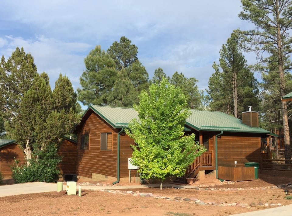 Flat Driveway and about 6 stairs to get into the cabin. 