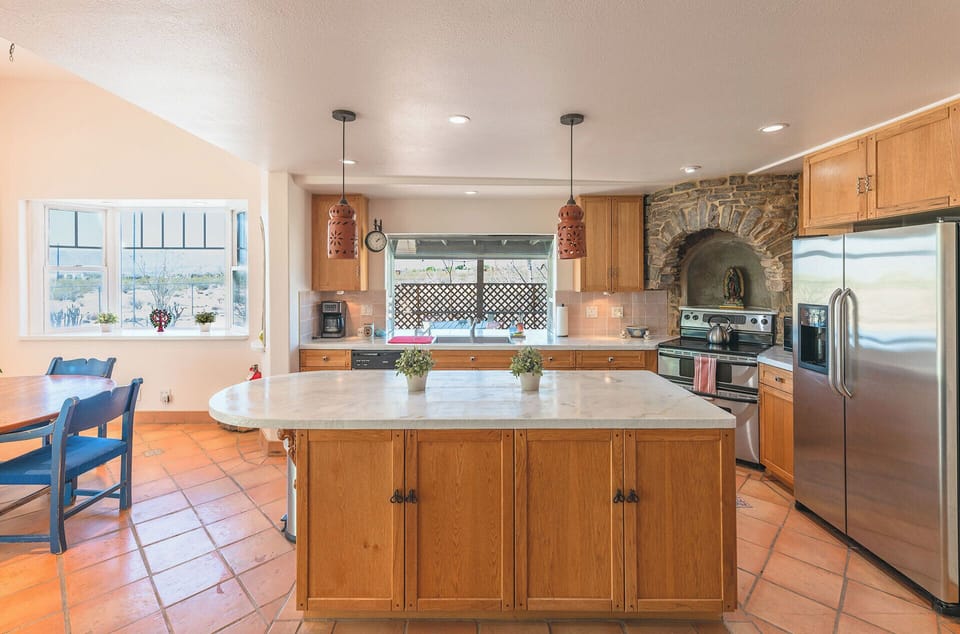 Large spacious kitchen and prep space.