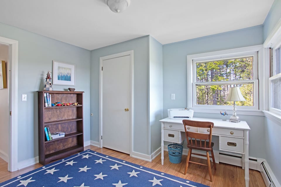 First floor office with wireless printer.