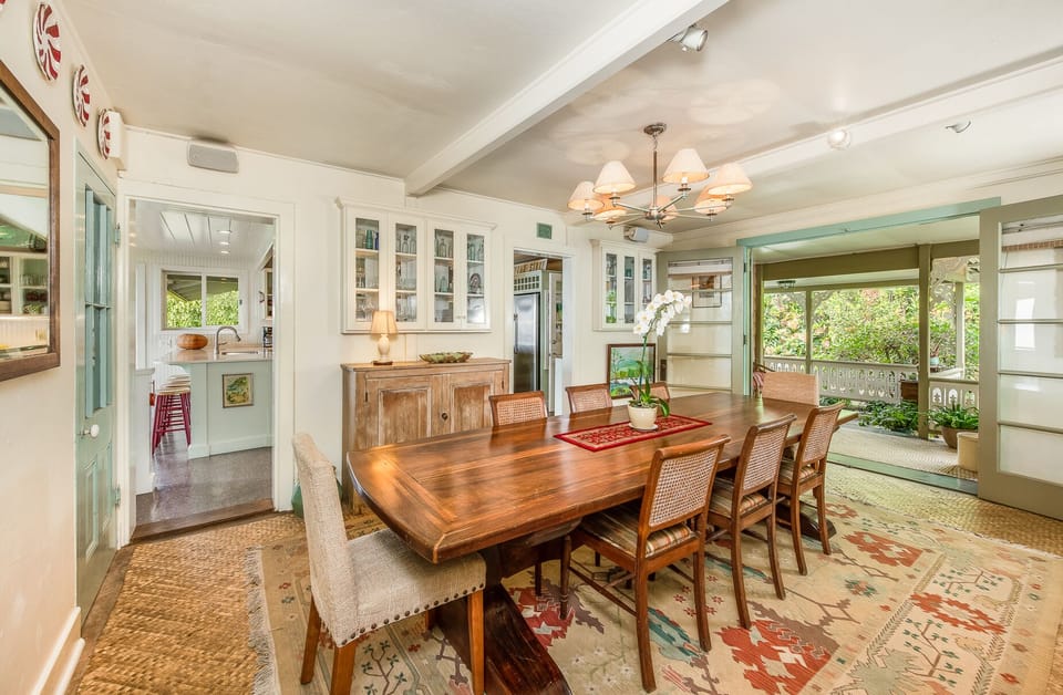 Dining room seating for eight. Fits more people comfortably