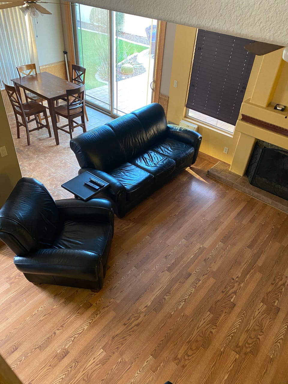 View from stairs into family room 