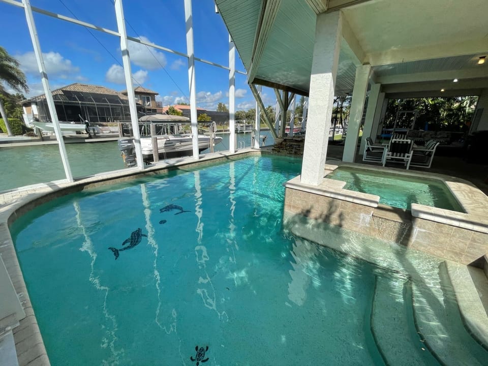Large pool and spa in screened porch 