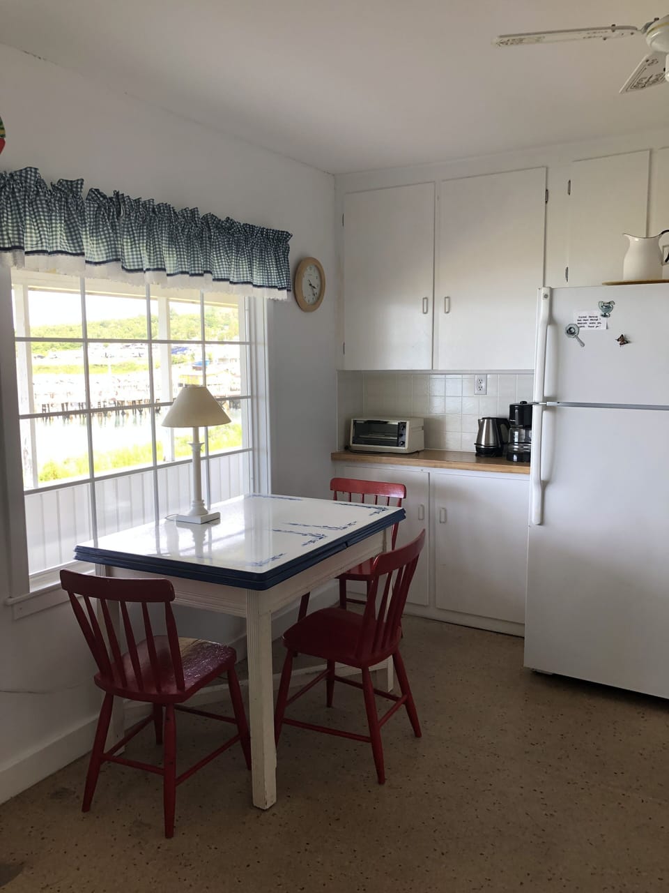 Kitchen window with view of cove and Bay of Fundy.