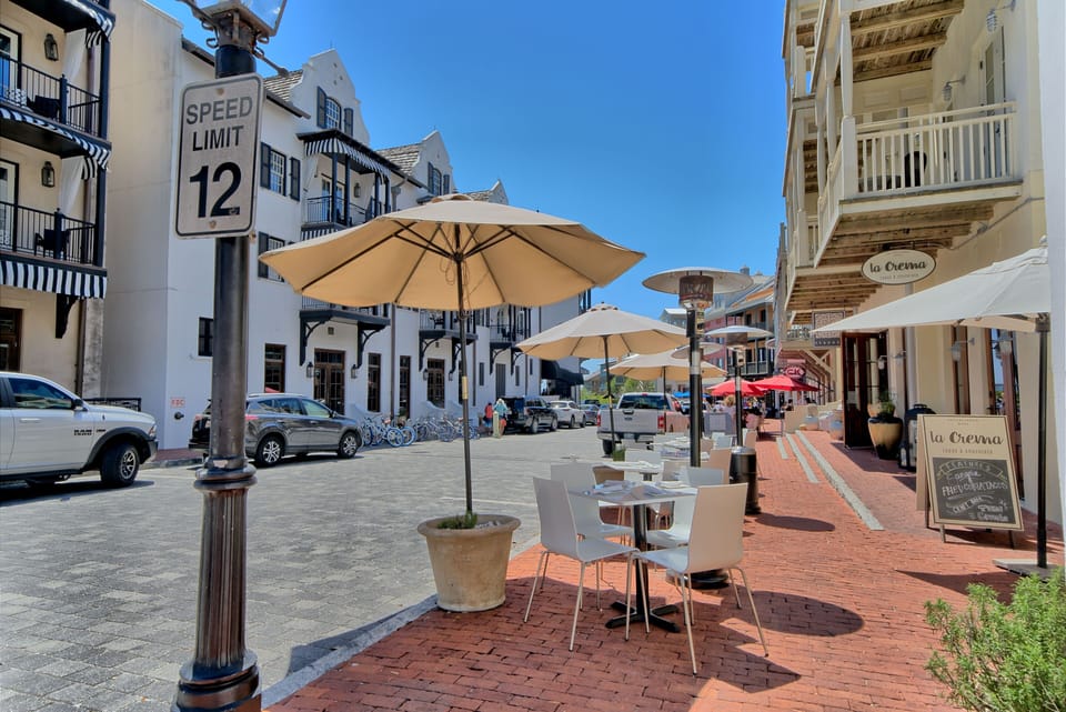 quiet afternoon at Rosemary Beach Town Square, fabulous dining here