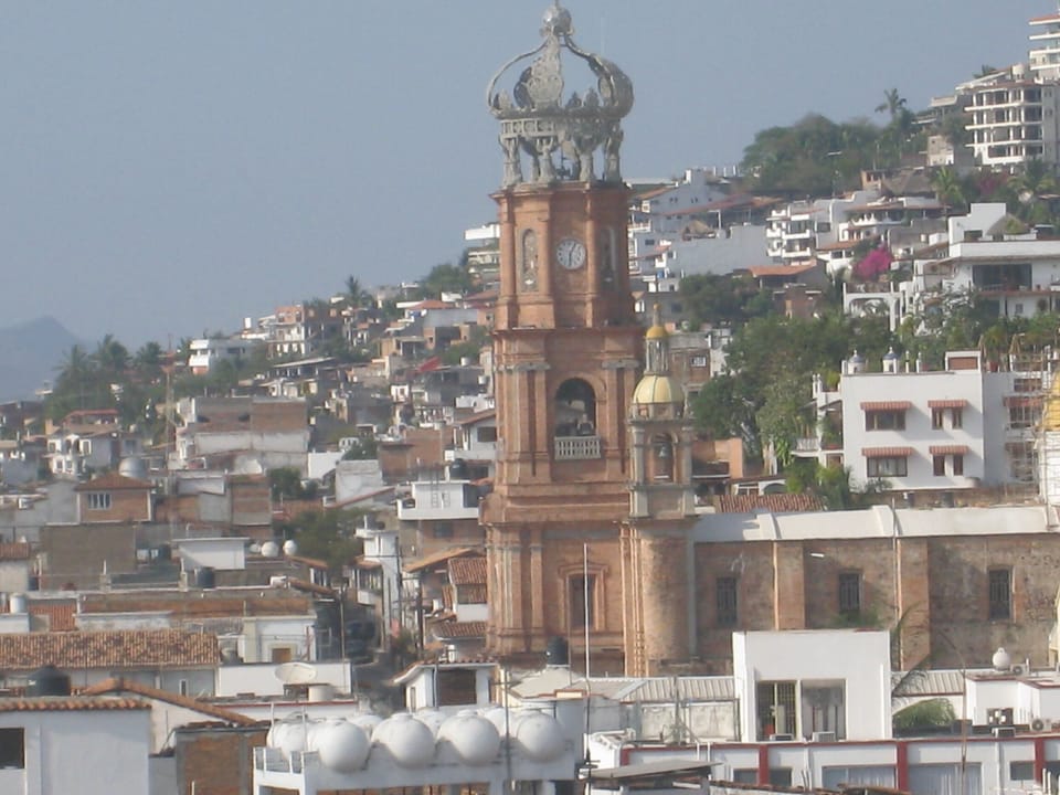 A close up of the famous church steeple and town from one of the  four terraces