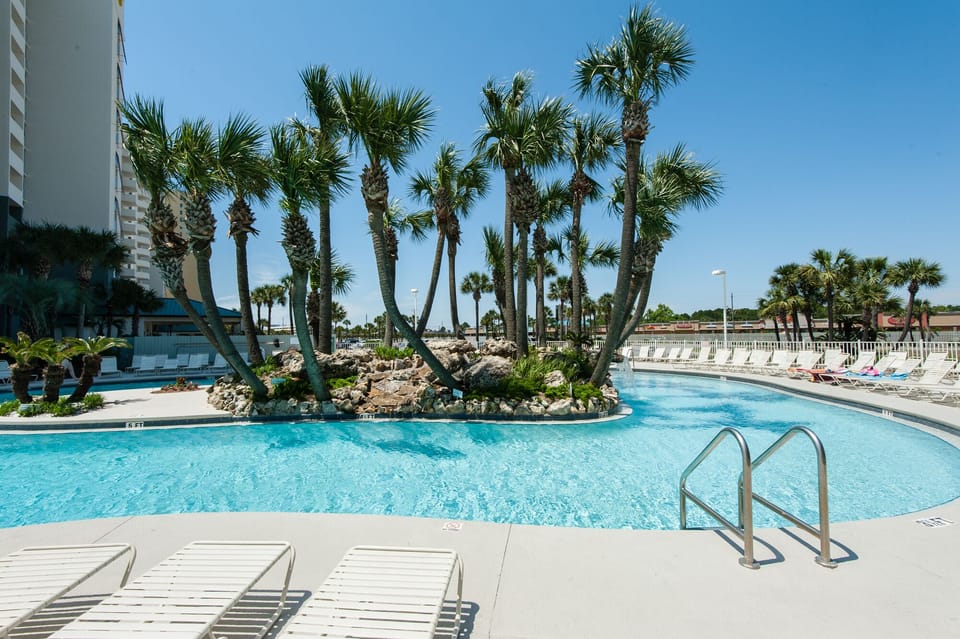 Lagoon Pool with tropical islands and waterfalls between towers 2 and 3
