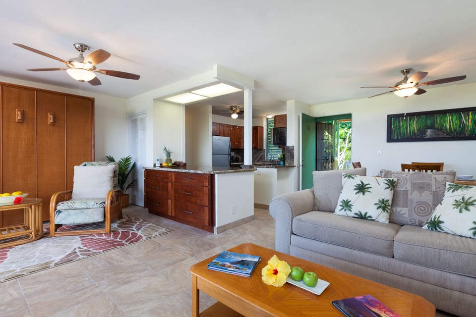 Open kitchen with granite counter tops and pecan cabinets