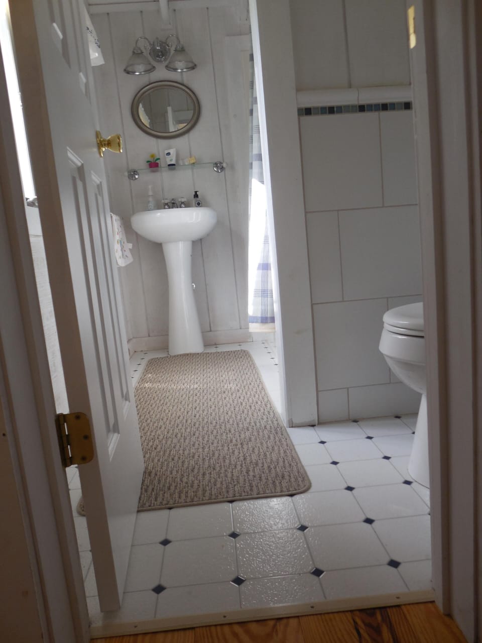 Inside bathroom has a tub with a shower.