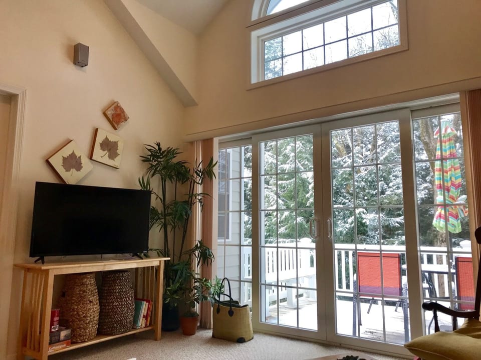 The living room is open and airy. Double doors to the deck and internet ready TV