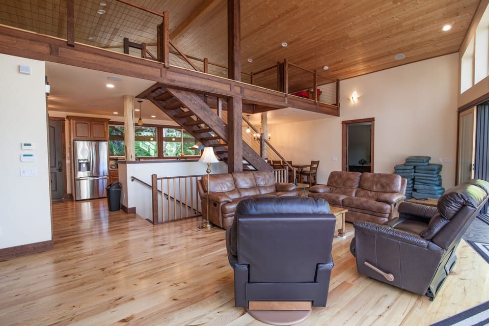 View from the windows looking towards living room, kitchen and loft.