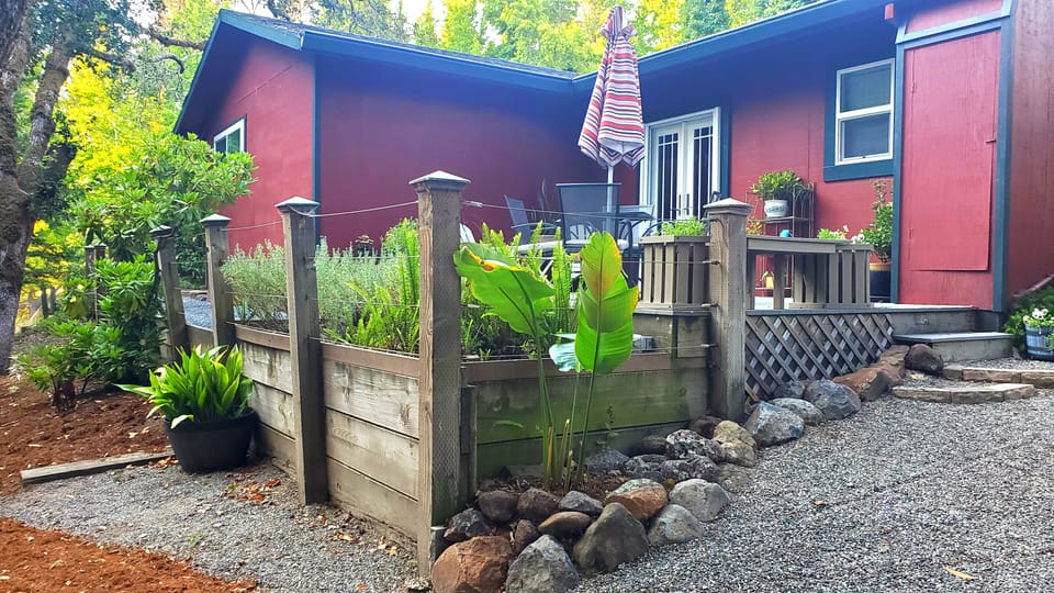 A view of the back patio and gravel pathway.