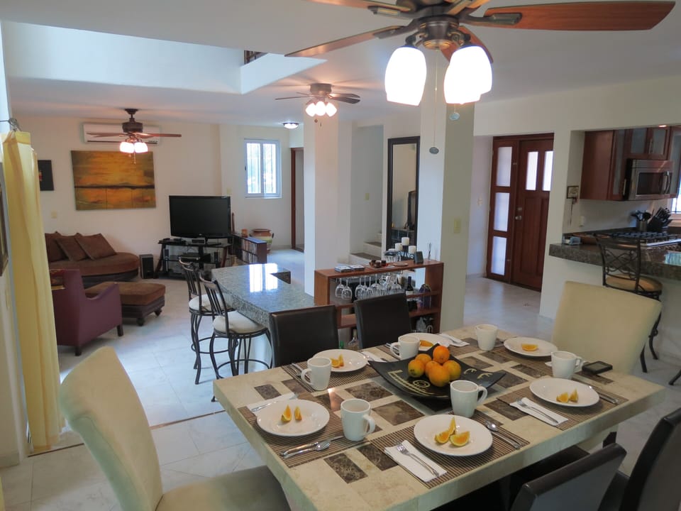 View from Dining room to from door, LR and Kitchen counter.