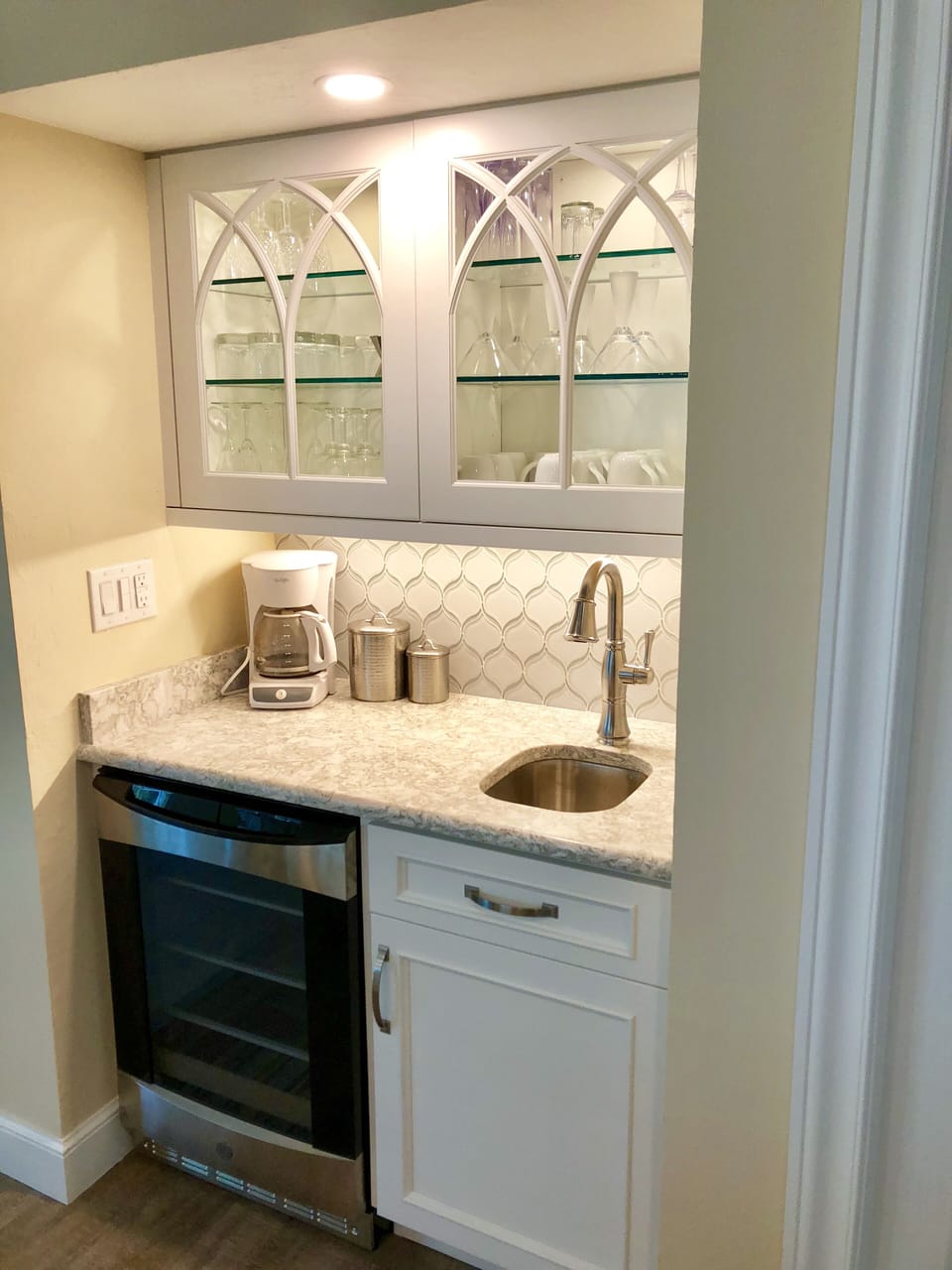 Wet Bar with wine refrigerator and multiple coffee makers (Keurig not shown) 