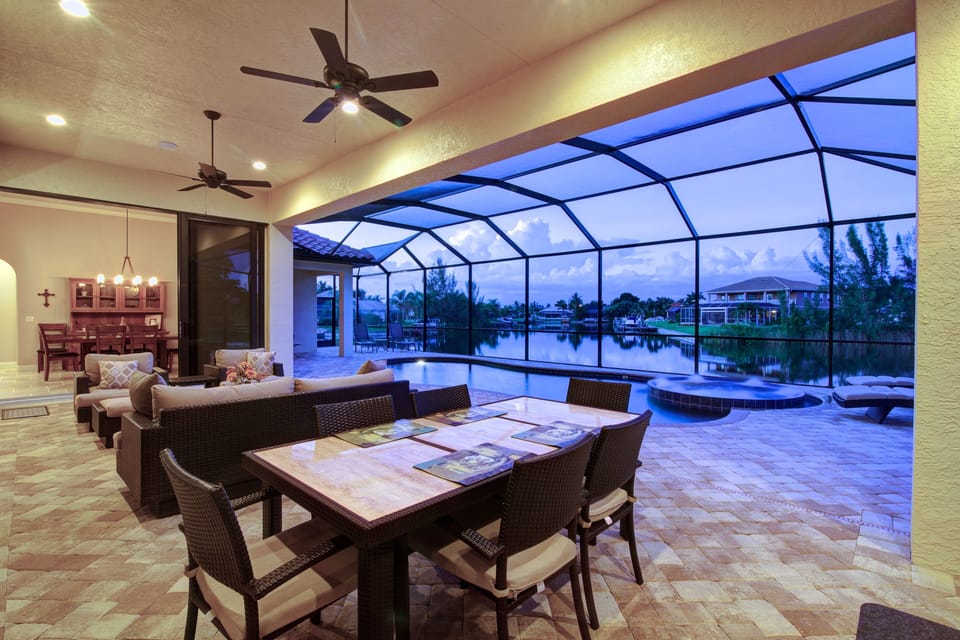Lanai and pool. Two outdoor fans and speakers in lanai