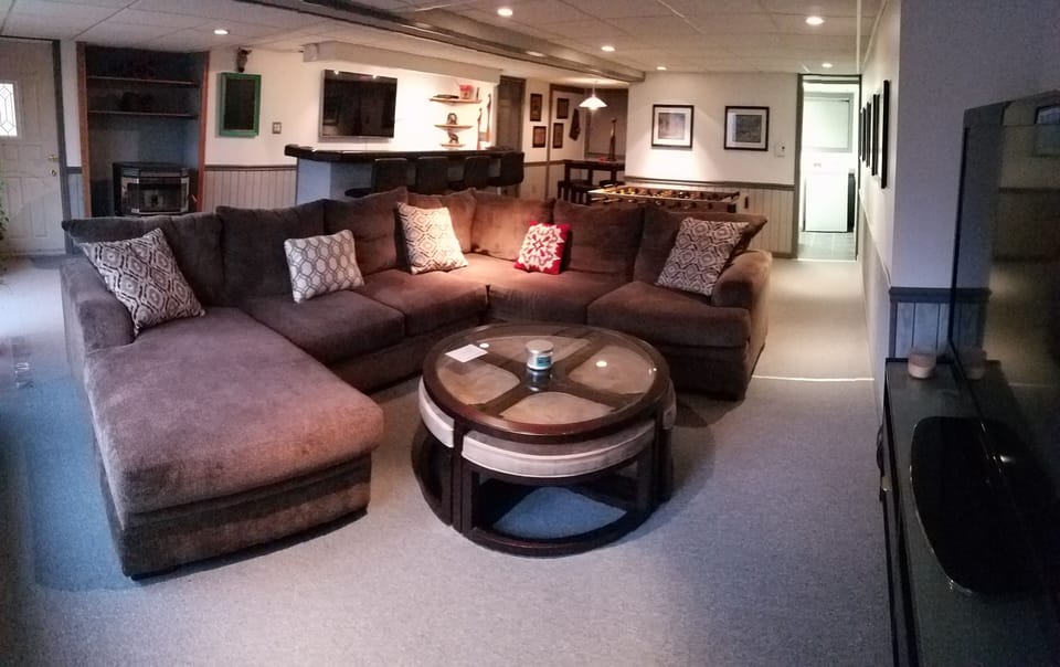 The downstairs lounge is perfect for movie night