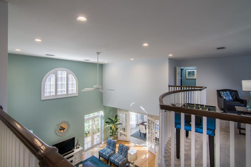 View of the great room from second floor landing