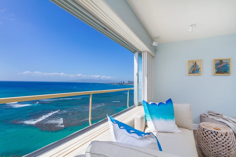 Master bedroom picture window view. All designer furniture installed new 2015.