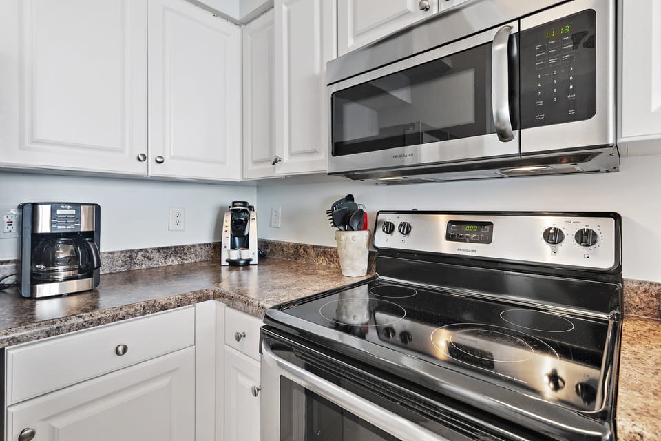 Coffee maker, microwave, and everything you need each morning.