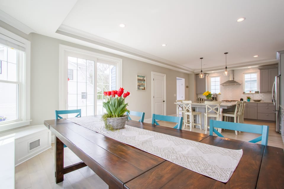 Kitchen- island seats 6, dining table seats 10+