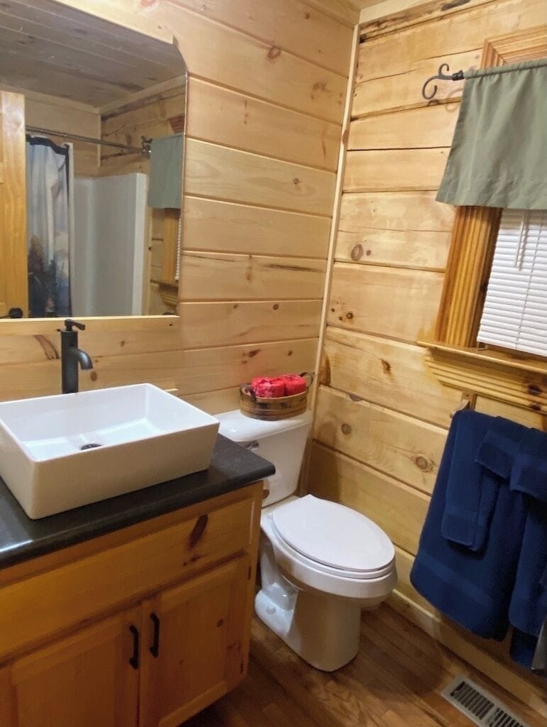 Main level 3-piece bath, new sink, new toilet, new vanity, new wood walls