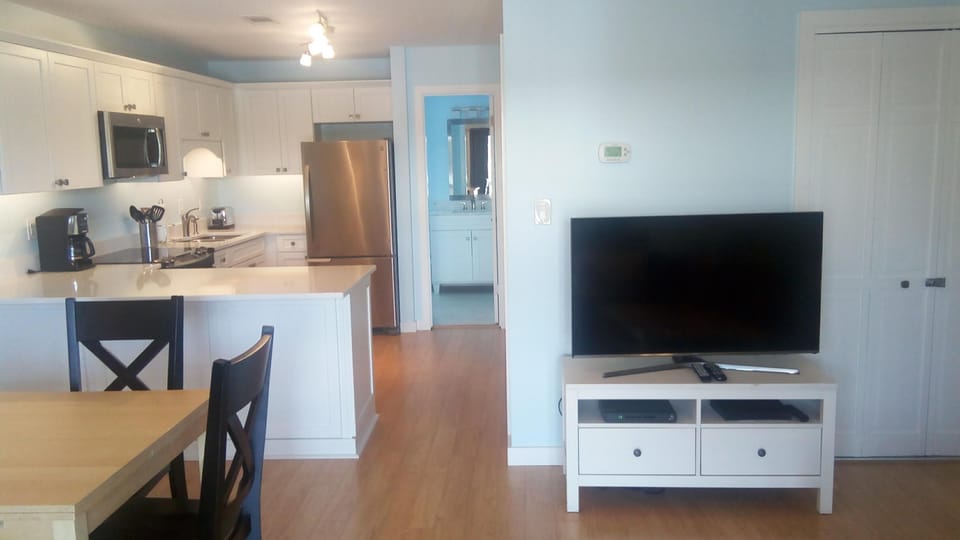 Living area has 48" Samsung Smart TV, Blu-ray player