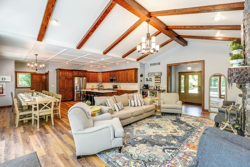 There is plenty of seating around the fireplace