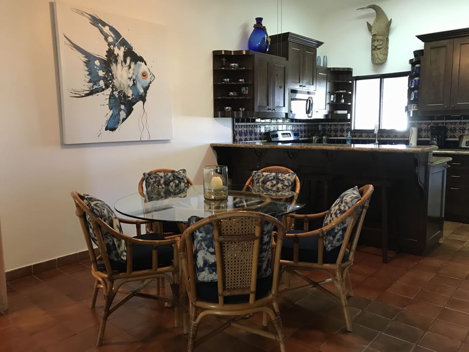 Dining area seats six.