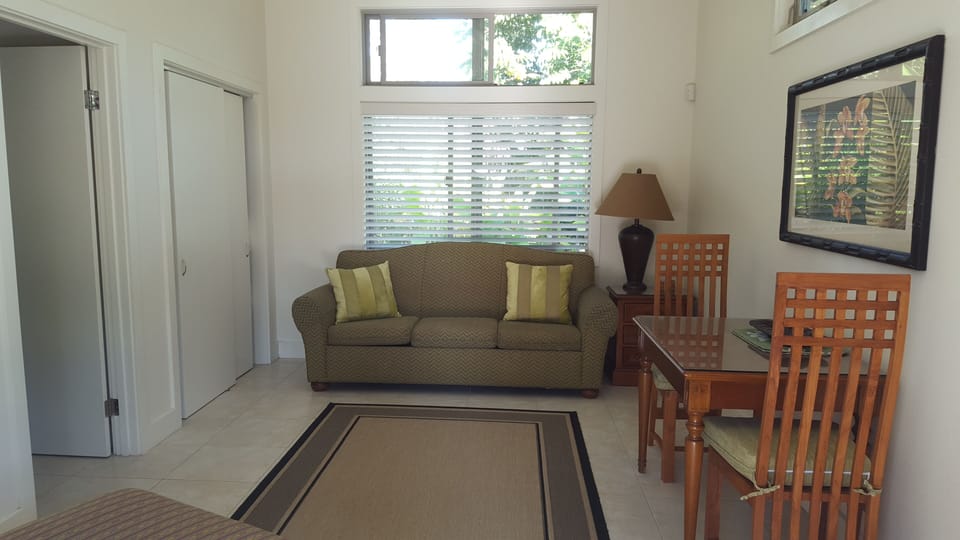 Second bedroom area with dining table, sofa bed and closet.

