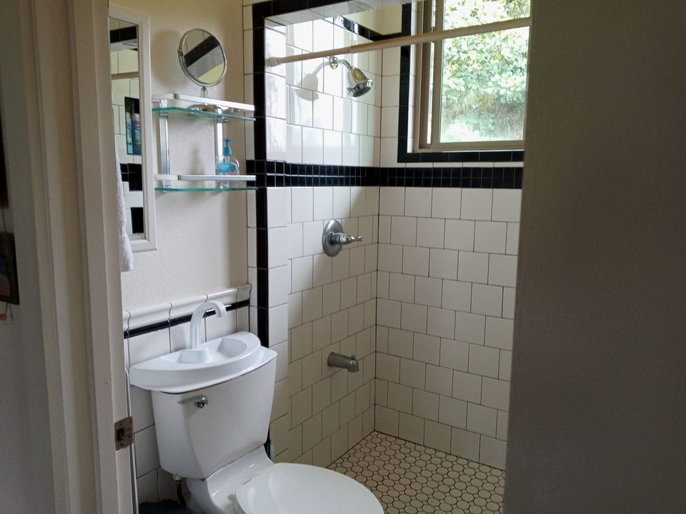 Bathroom with tiled walk in shower.

