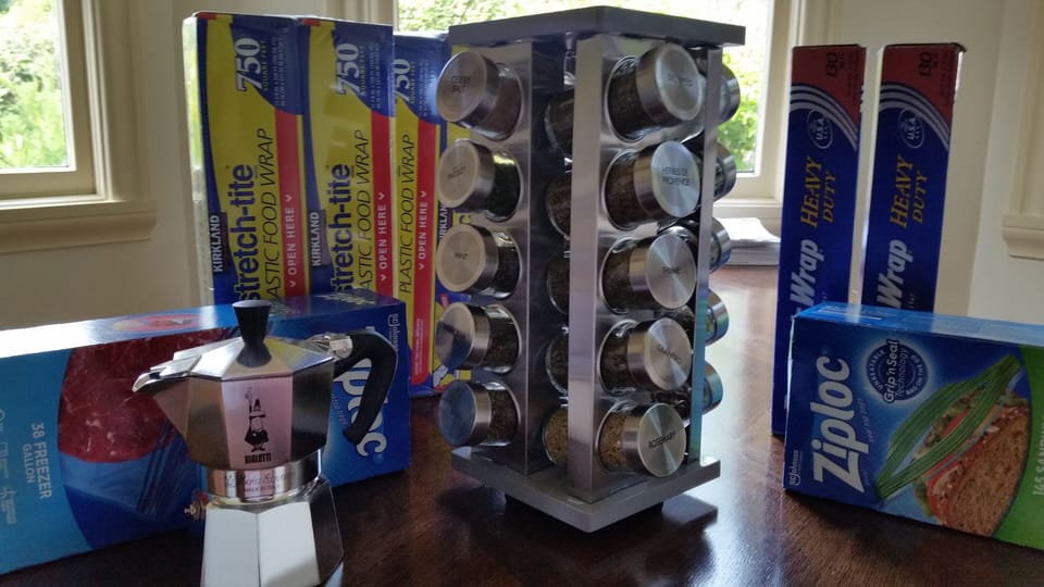 Spice Rack (20), Foil, Saran, Ziploc & Bialetti 3 cup Espresso Maker