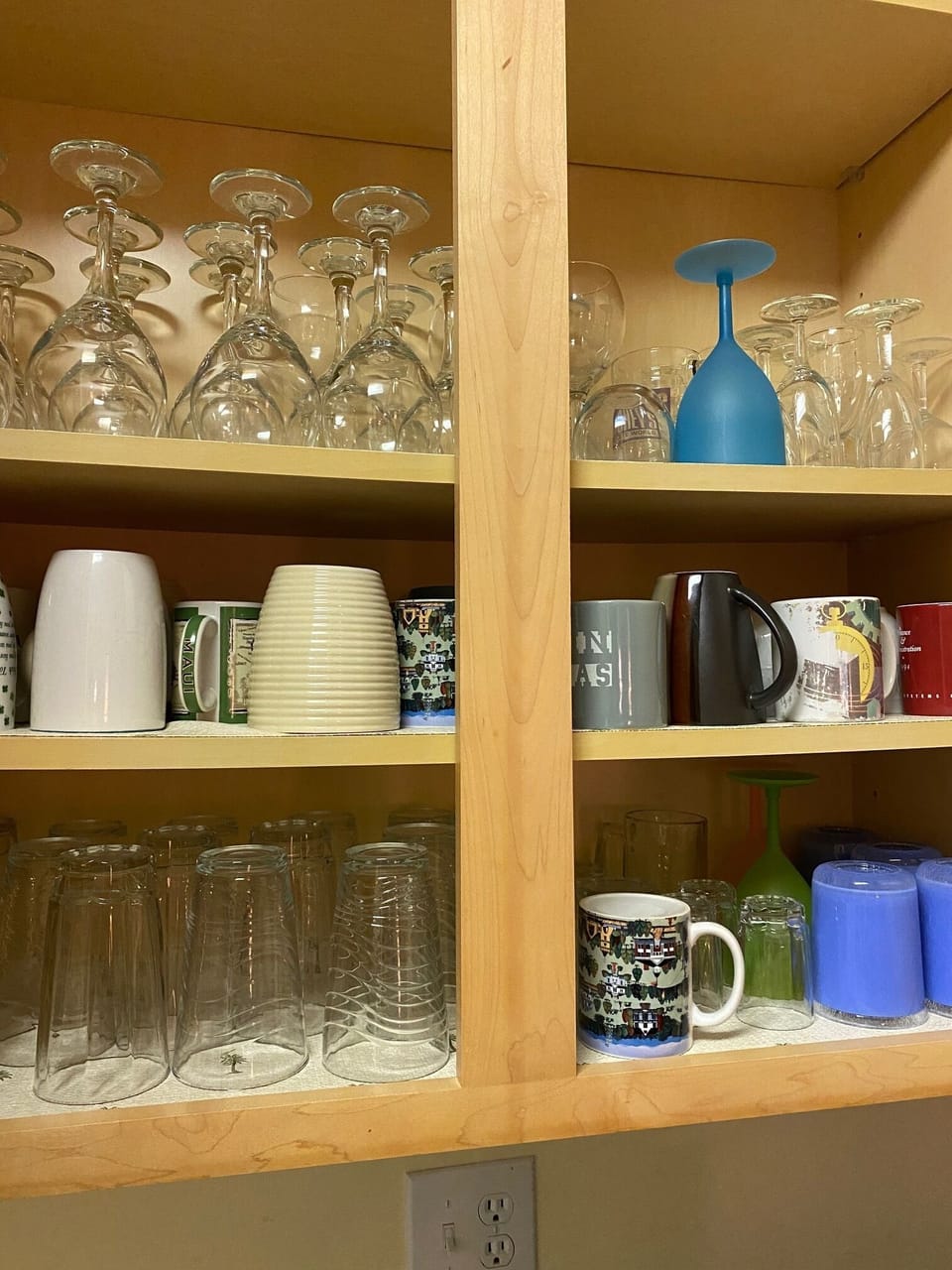 Plenty of drinking glasses, coffee mugs, and wine glasses