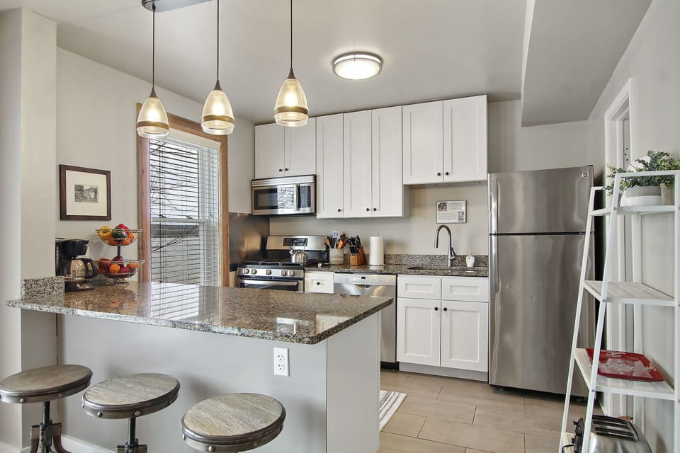 Counter seating & a highchair available for guests traveling with little ones.