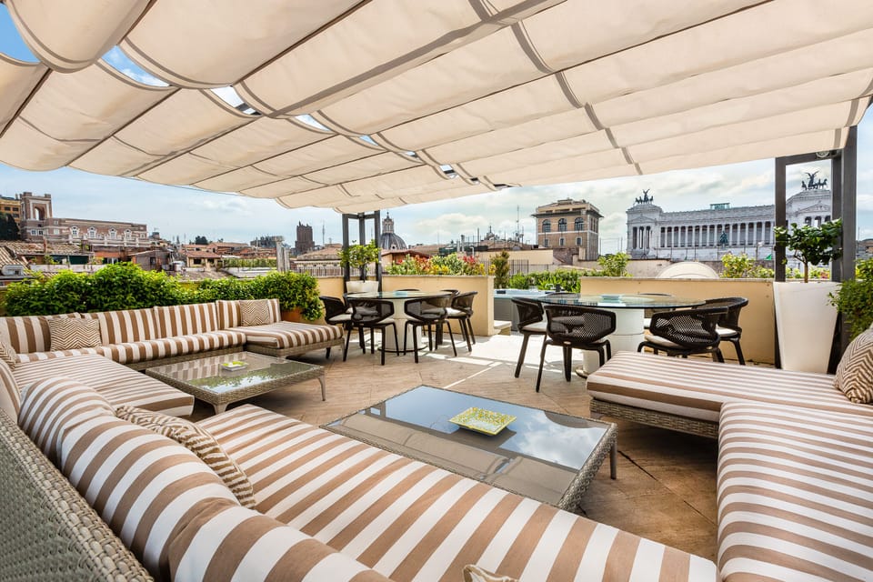 The rooftop garden has a Jacuzzi, a large siting area with tables and sofas